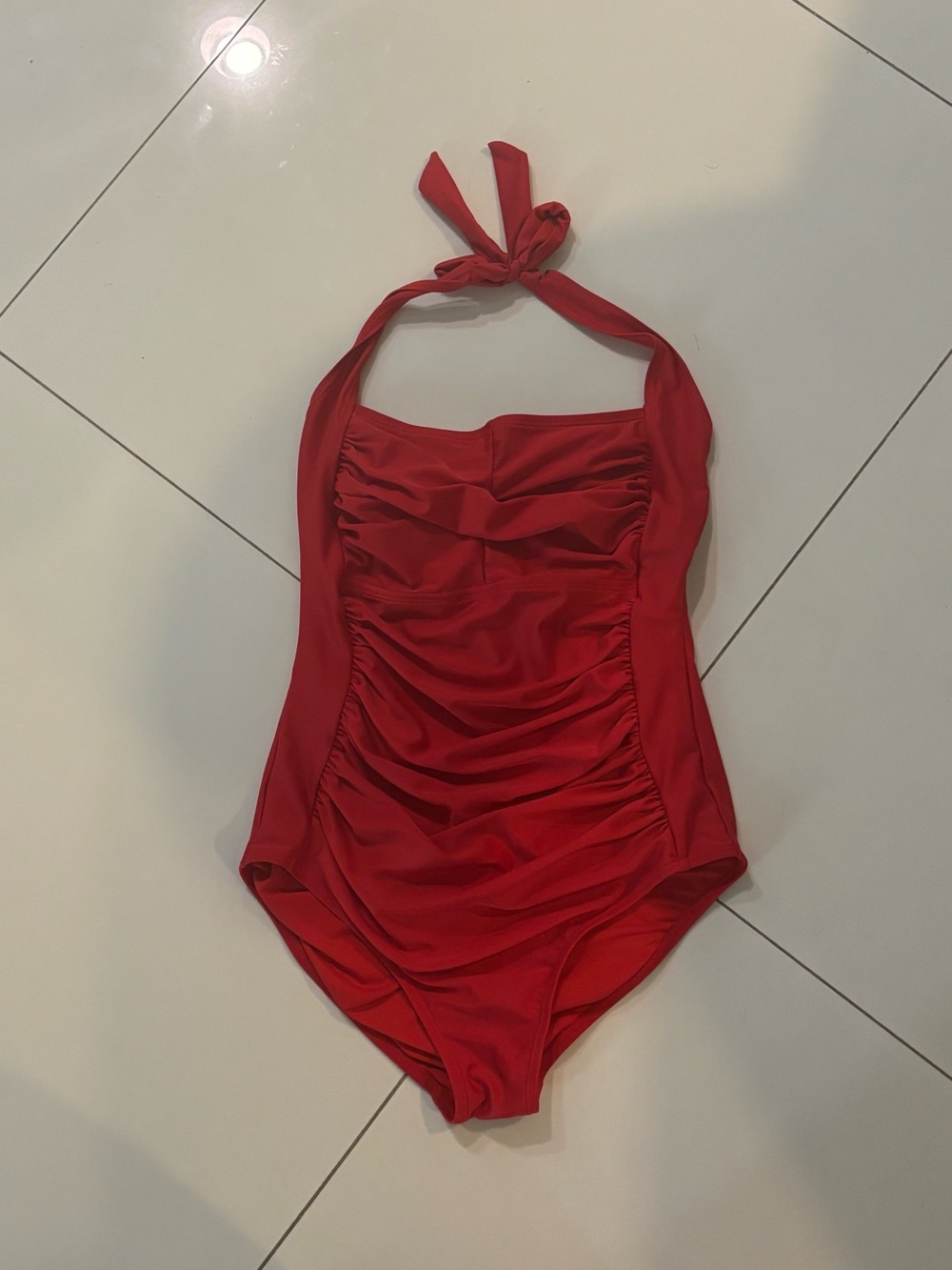 Red Ruched Halter One-Piece Swimsuit